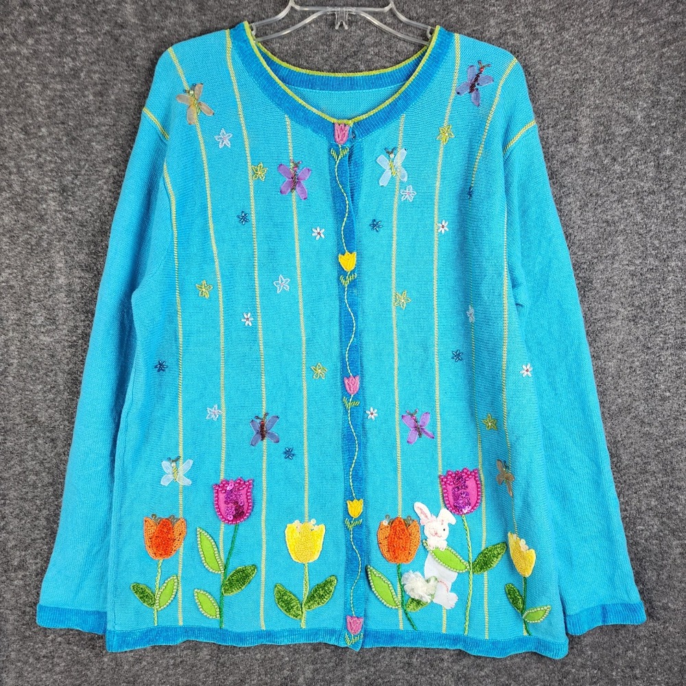 The Quacker Factory Cardigan Women XL Turquoise Blue Easter Bunny Floral Beaded